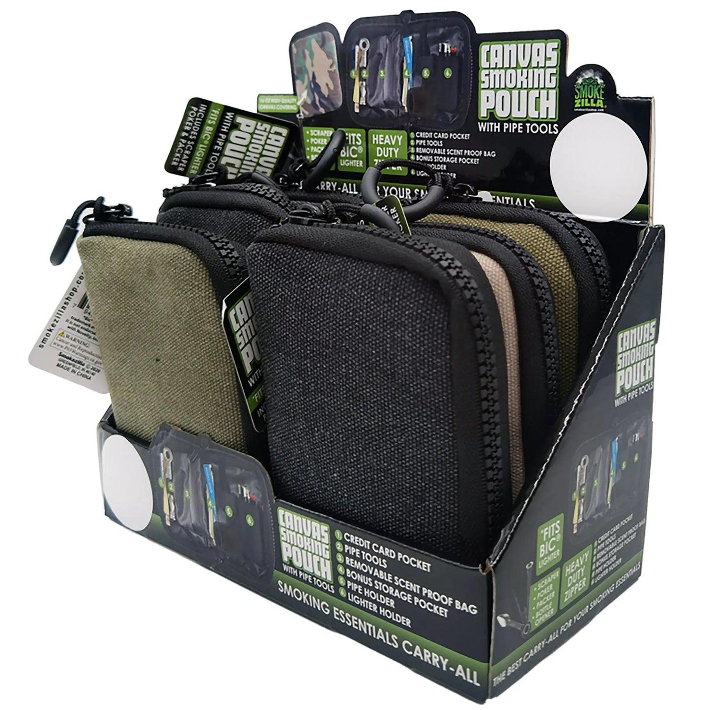 Canvas Smoking Pouch with Zipper - 6 Pieces Per Retail Ready Display 26016 SMOKEZILLA