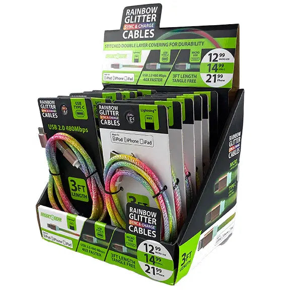 Charging Cable Rainbow Assortment 3FT - 12 Pieces Per Retail Ready Display 88318 WHOLESALE