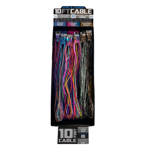 10FT Braided Sync and Charge Cable Assortment Floor Display - 36 Pieces Per Retail Ready Display 88385 WHOLESALE