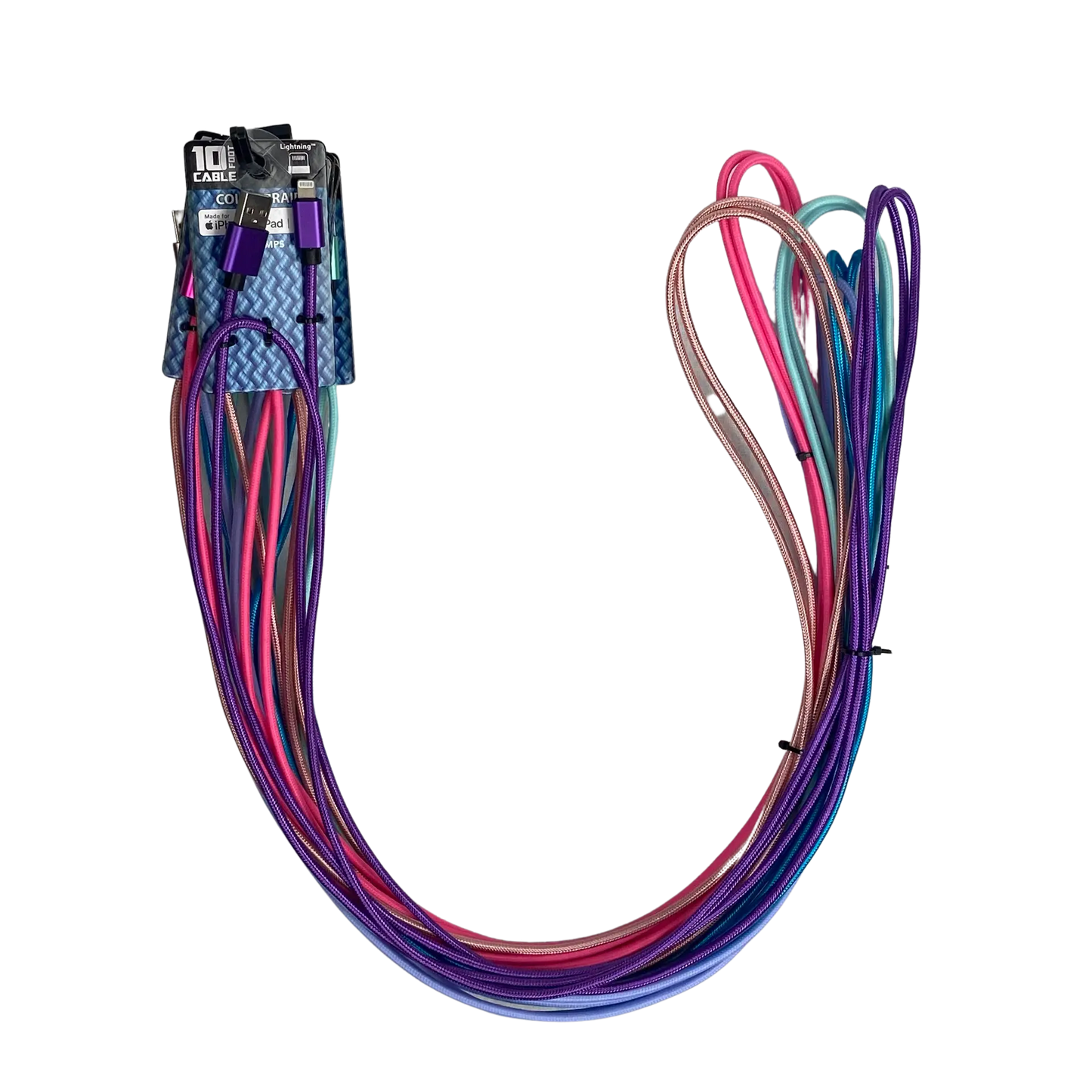 ITEM NUMBER 023070 10FT COLOR BRAID MFI CABLE - 6 PIECES PER PACK WHOLESALE