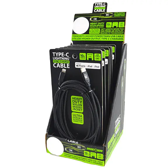 Charging Cable Cloth USB to Lightning 10FT 2.4 Amp - 6 Pieces Per Retail Ready Display 22625 GADGET GEAR