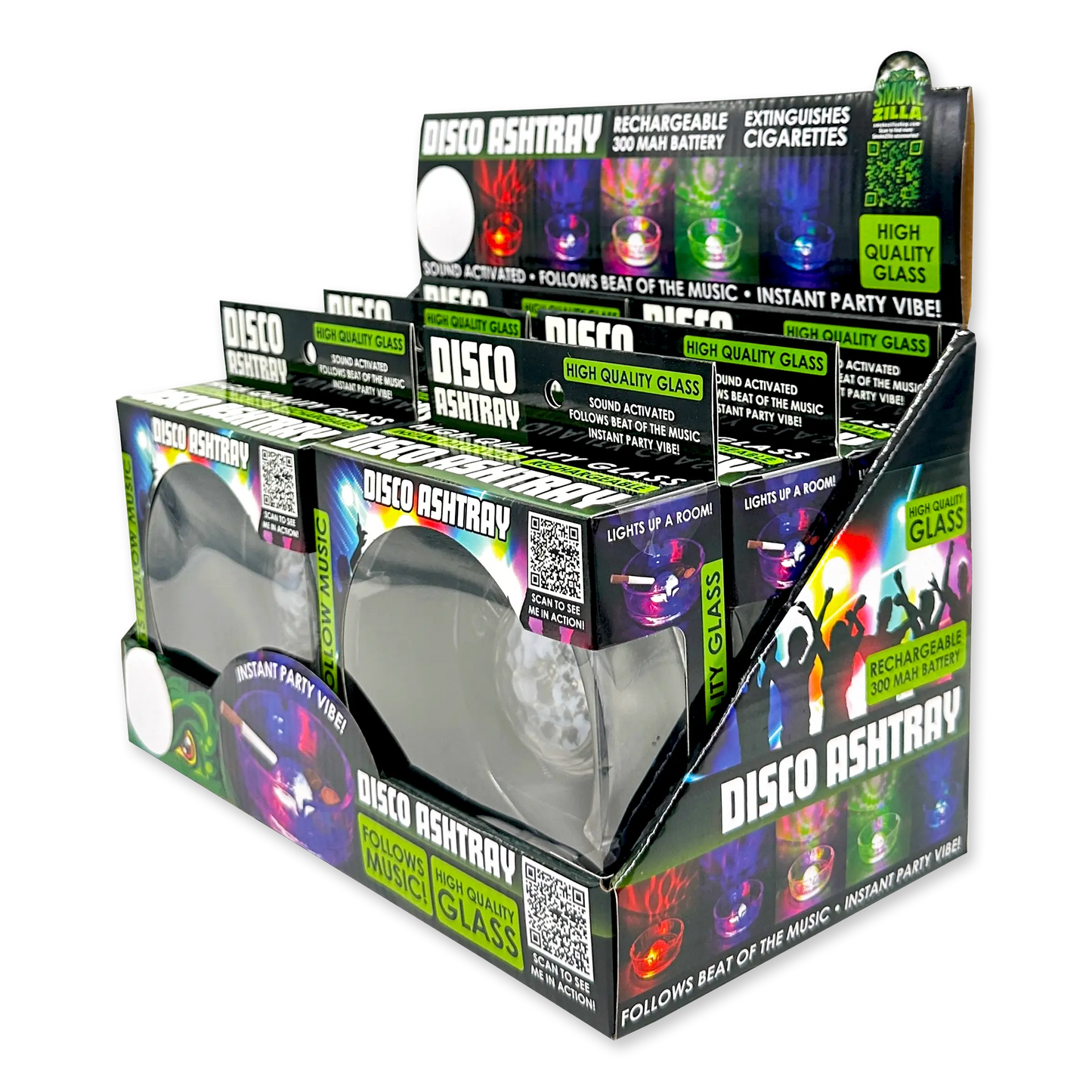 Disco Glass Ashtray with Sound Activated LED Lights - 6 Pieces Per Retail Ready Display 23743 SMOKEZILLA