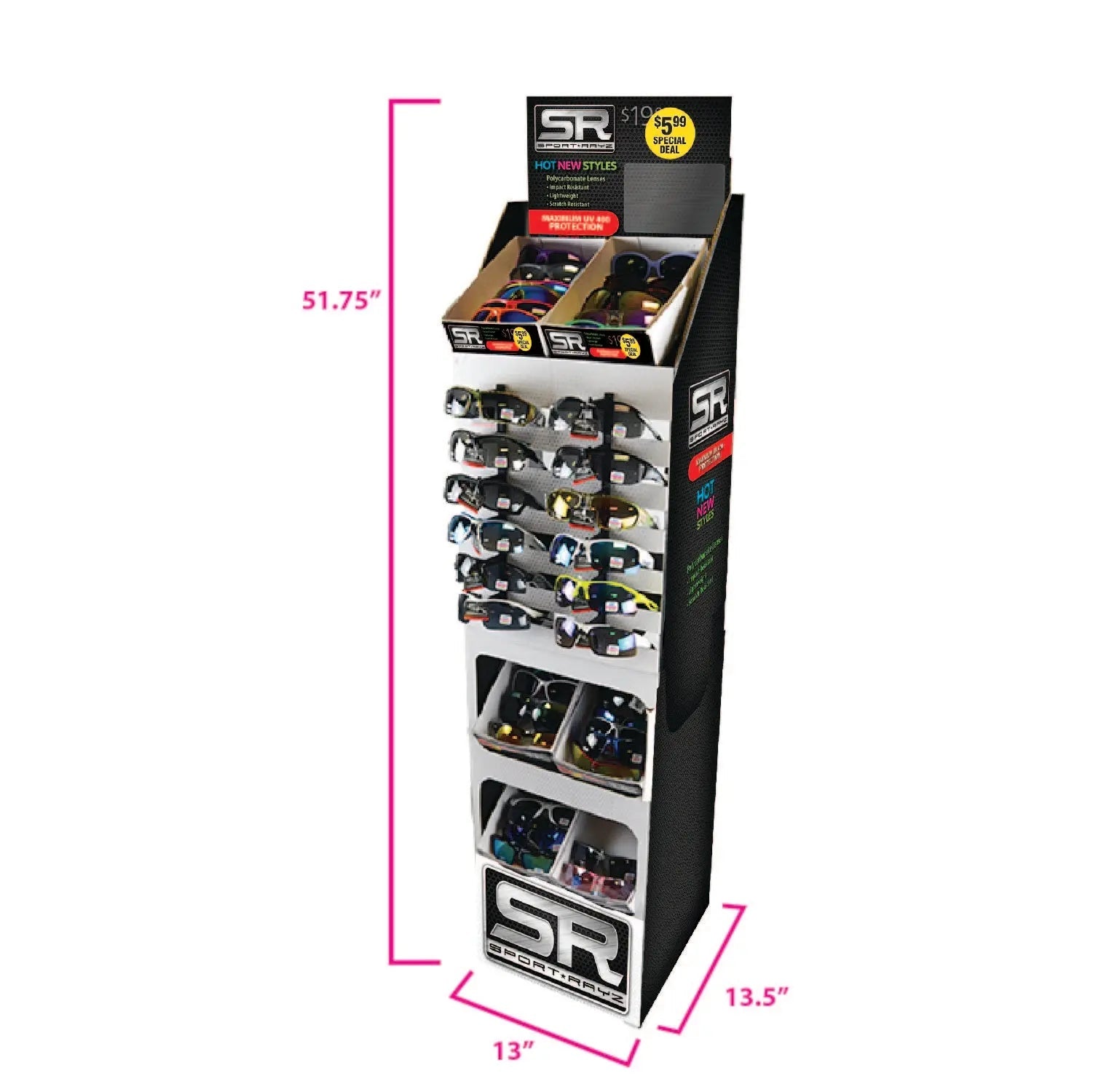 Sunglasses Sport Rayz Assortment Floor Display - 48 Pieces Per Retail Ready Display 88272 DRIVER'S EDGE