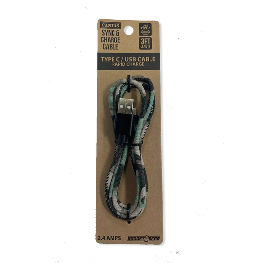 ITEM NUMBER 021771L 3FT WORN CANVAS CABLE USB-C  - STORE SURPLUS NO DISPLAY 2 PIECES PER PACK STORE SURPLUS