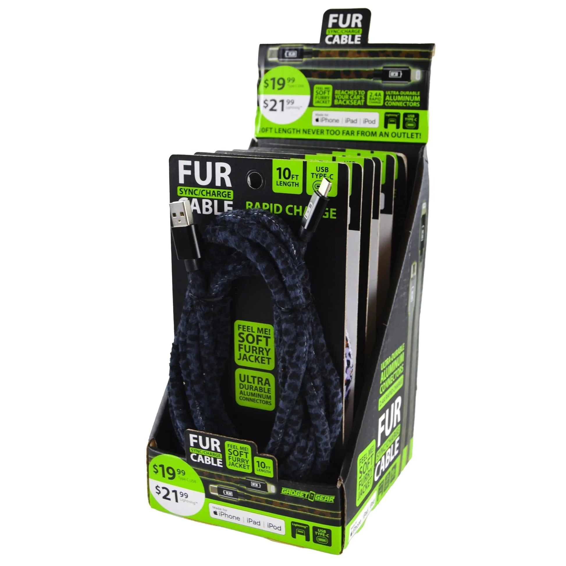 Charging Cable Fur Assortment 10FT 2.4 Amp - 6 Pieces Per Retail Ready Display 88341 WHOLESALE