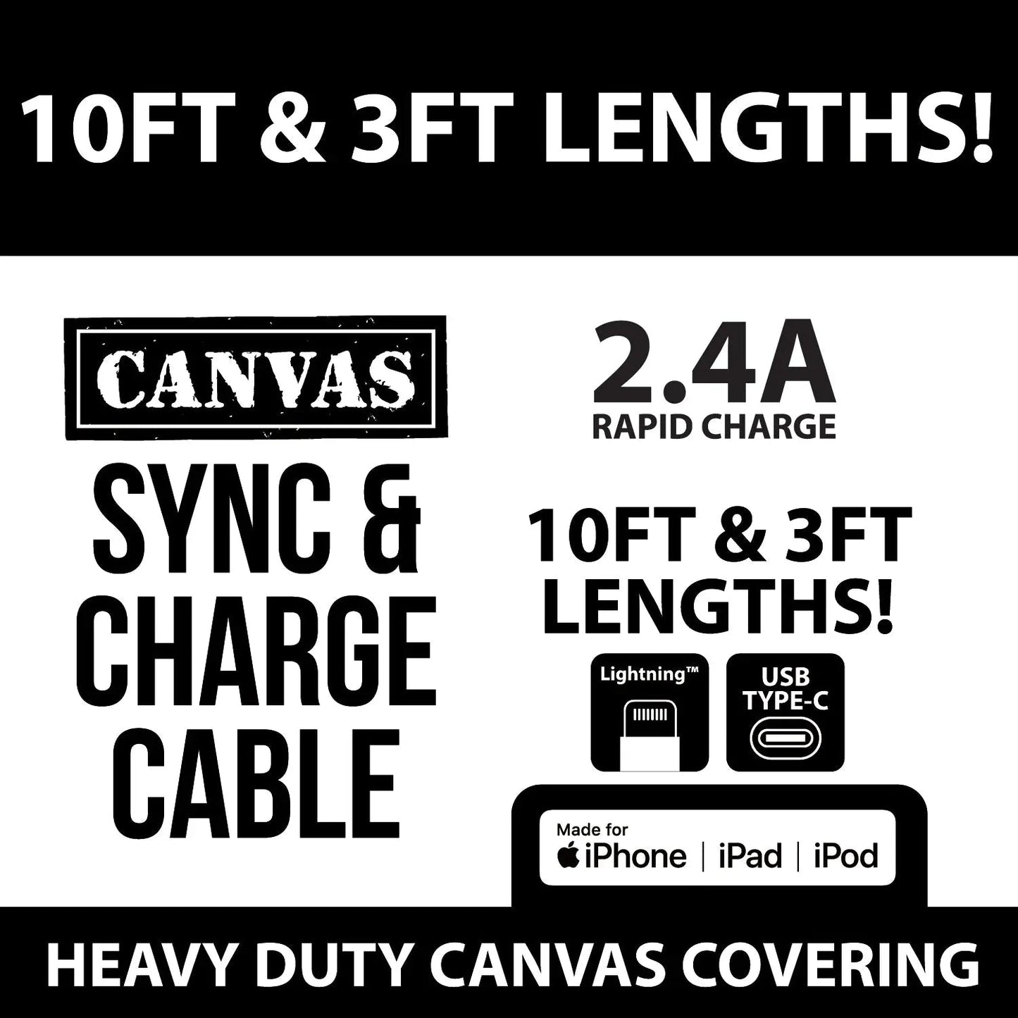 Canvas Charging Cable Assortment - 12 Pieces Per Retail Ready Display 88346 WHOLESALE