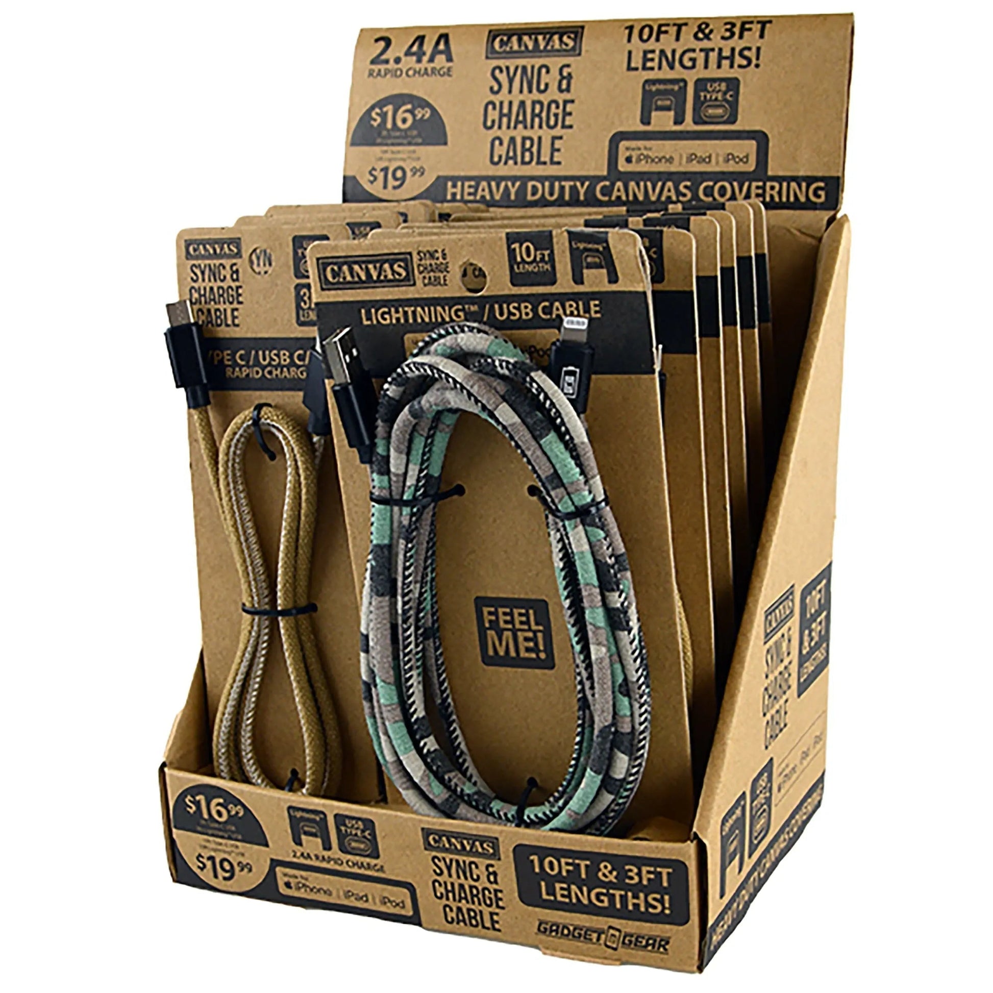 Canvas Charging Cable Assortment - 12 Pieces Per Retail Ready Display 88346 WHOLESALE