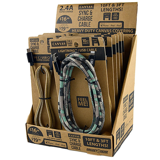 Canvas Charging Cable Assortment - 12 Pieces Per Retail Ready Display 88346 WHOLESALE
