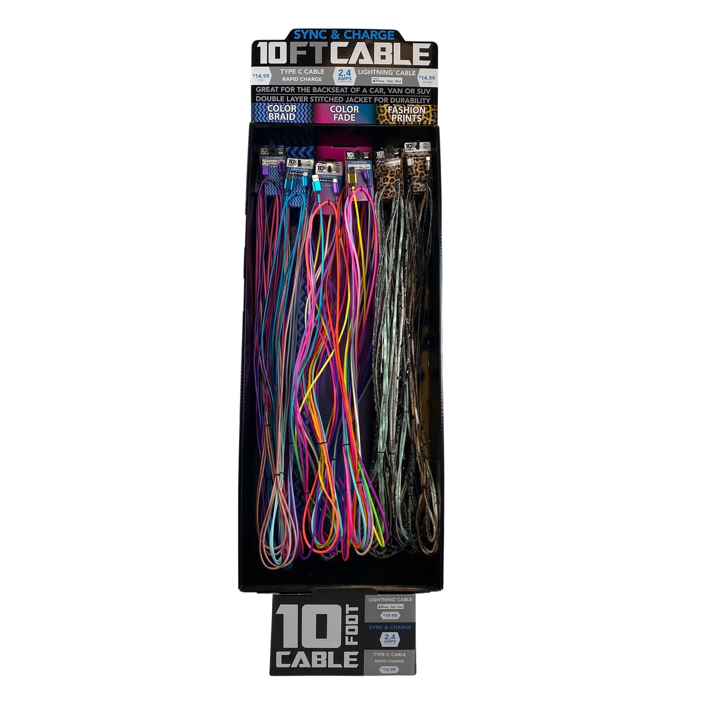 10FT Braided Sync and Charge Cable Assortment Floor Display - 36 Pieces Per Retail Ready Display 88385 WHOLESALE
