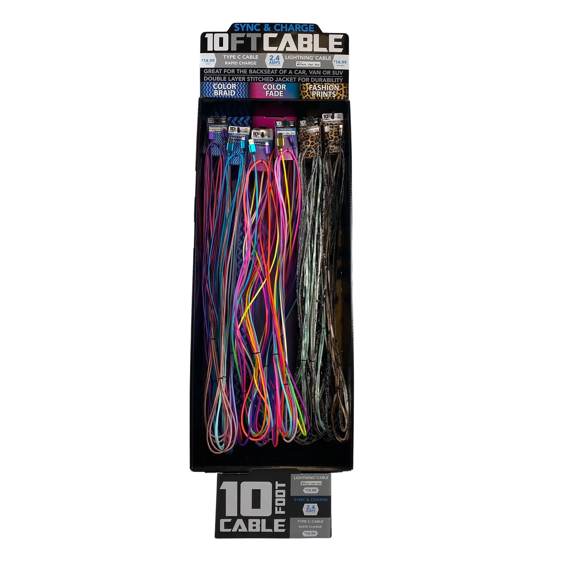 10FT Braided Sync and Charge Cable Assortment Floor Display - 36 Pieces Per Retail Ready Display 88385 WHOLESALE