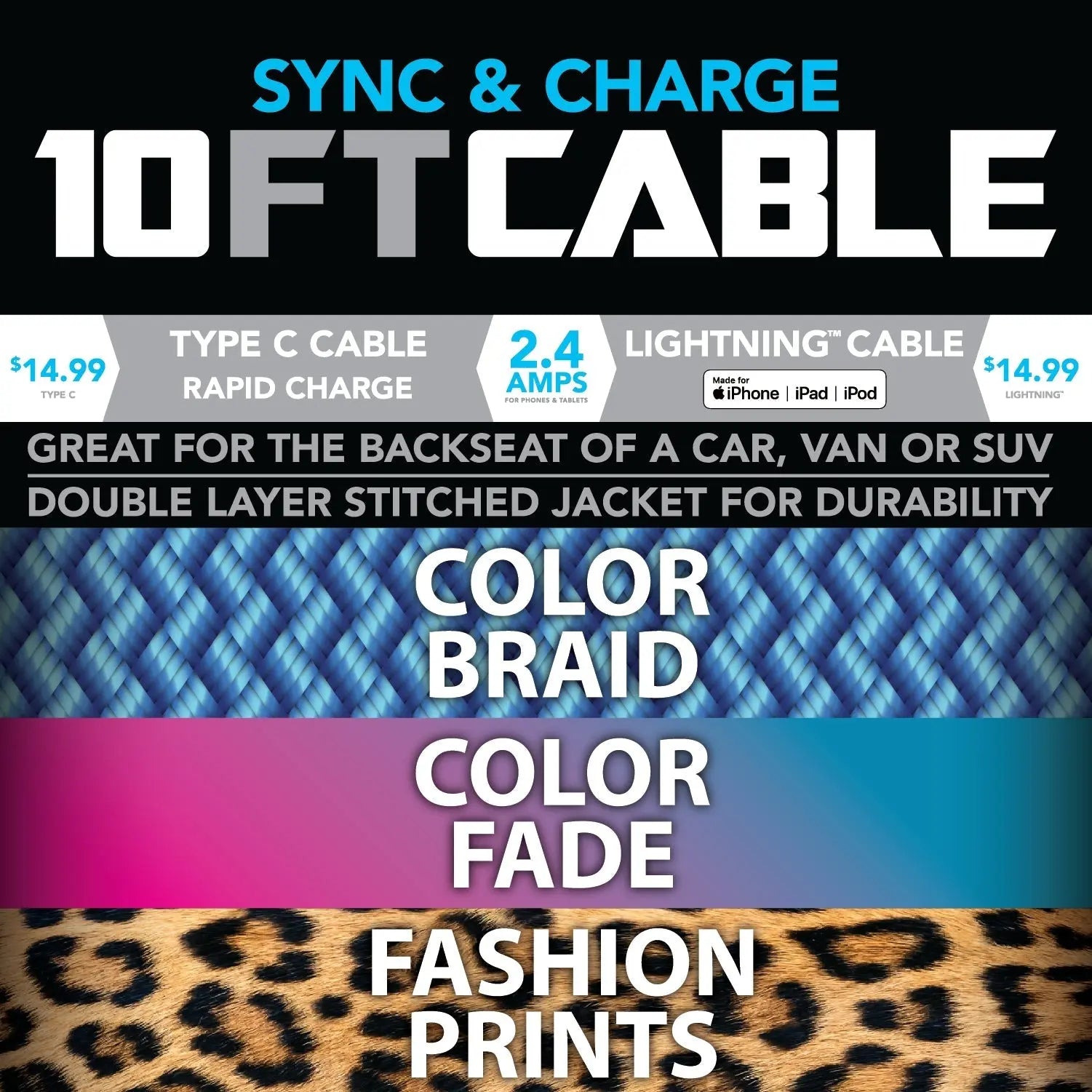 10FT Braided Sync and Charge Cable Assortment Floor Display - 36 Pieces Per Retail Ready Display 88385 WHOLESALE