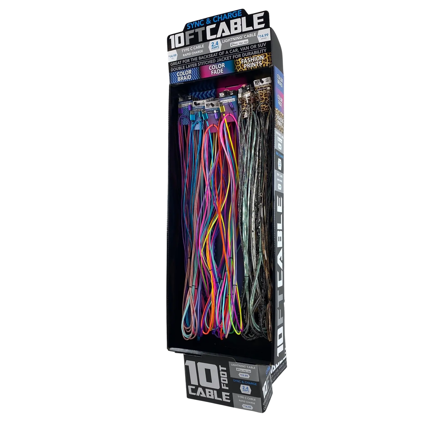 10FT Braided Sync and Charge Cable Assortment Floor Display - 36 Pieces Per Retail Ready Display 88385 WHOLESALE