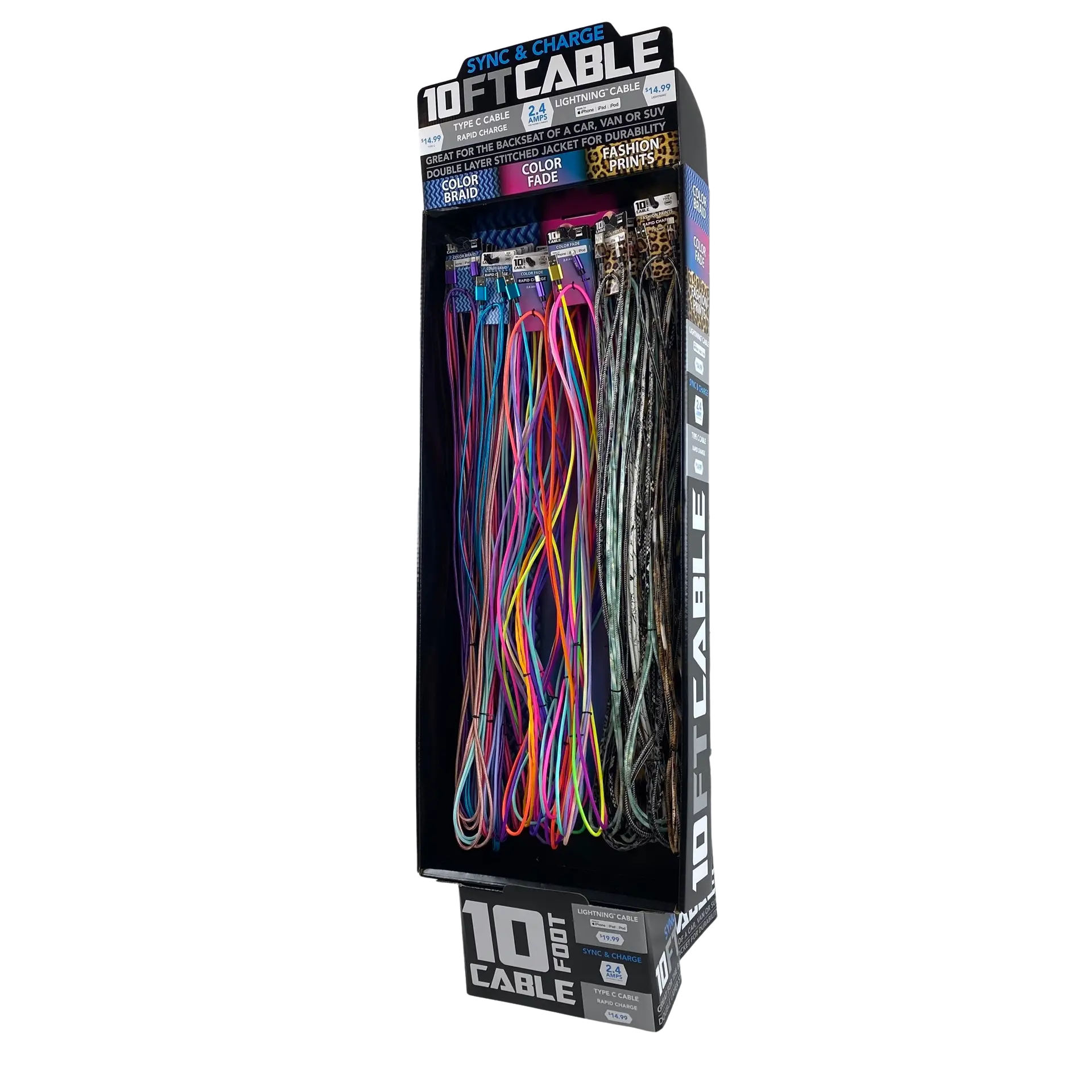 10FT Braided Sync and Charge Cable Assortment Floor Display - 36 Pieces Per Retail Ready Display 88385 WHOLESALE