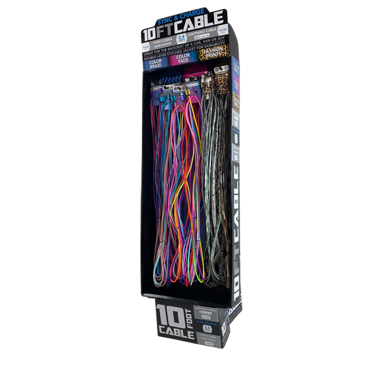 10FT Braided Sync and Charge Cable Assortment Floor Display - 36 Pieces Per Retail Ready Display 88385 WHOLESALE