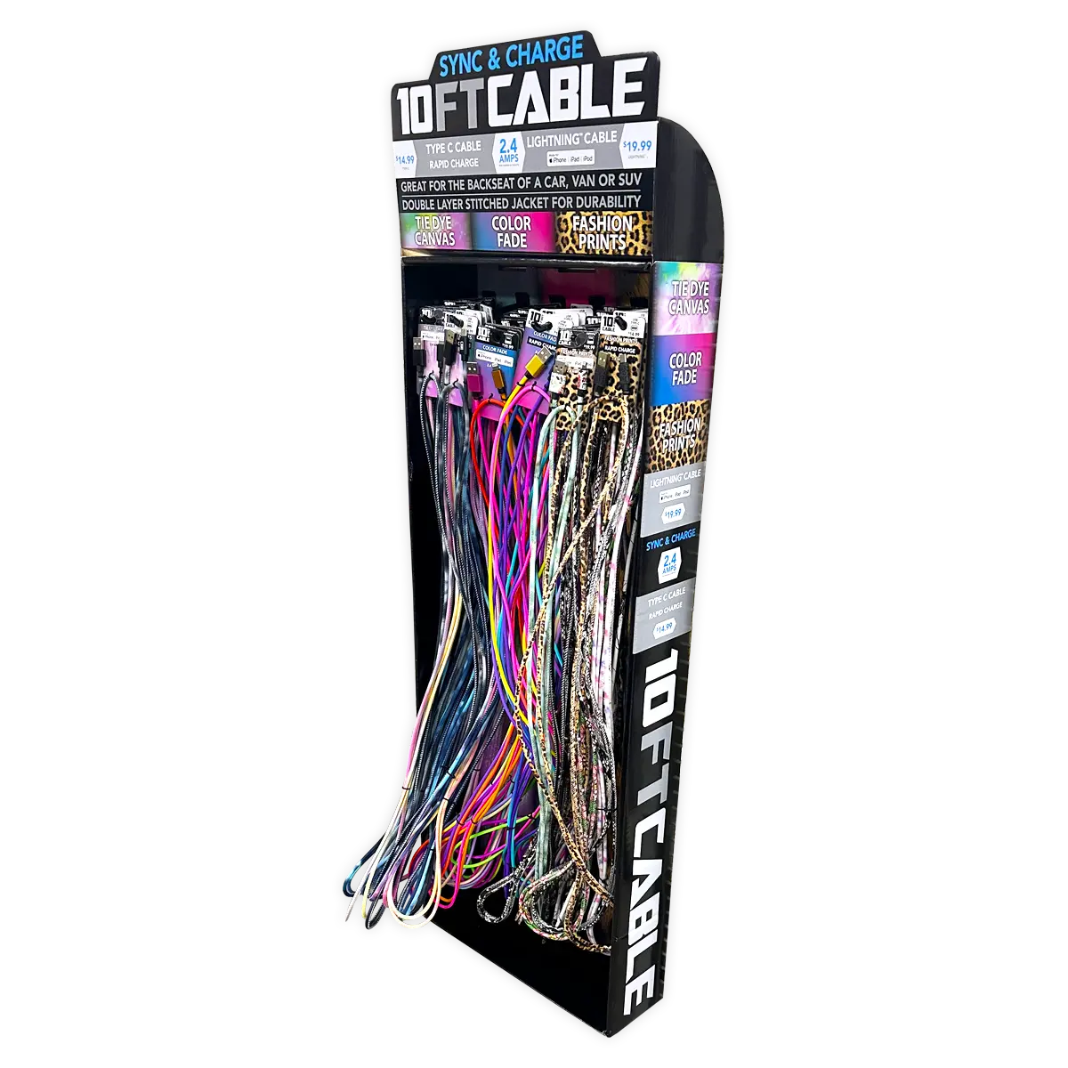10FT Braided Sync and Charge Cable Assortment Floor Display - 38 Pieces Per Retail Ready Display 88396 WHOLESALE