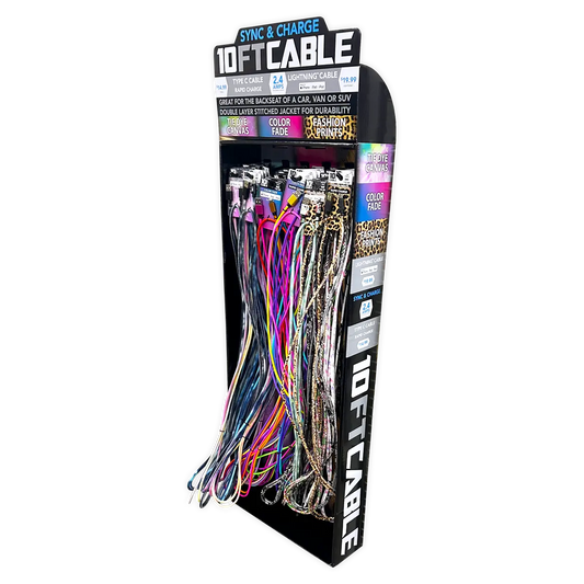 10FT Braided Sync and Charge Cable Assortment Floor Display - 38 Pieces Per Retail Ready Display 88396 WHOLESALE