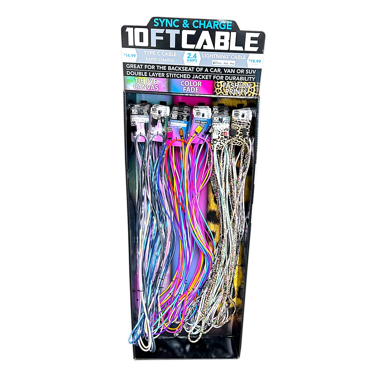 10FT Braided Sync and Charge Cable Assortment Floor Display - 38 Pieces Per Retail Ready Display 88396 WHOLESALE