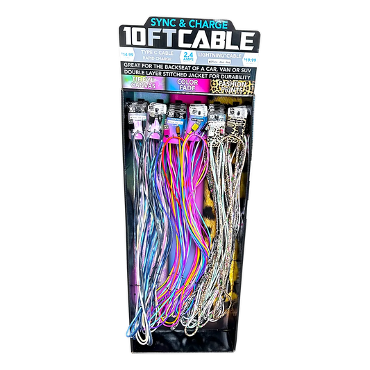 10FT Braided Sync and Charge Cable Assortment Floor Display - 38 Pieces Per Retail Ready Display 88396 WHOLESALE