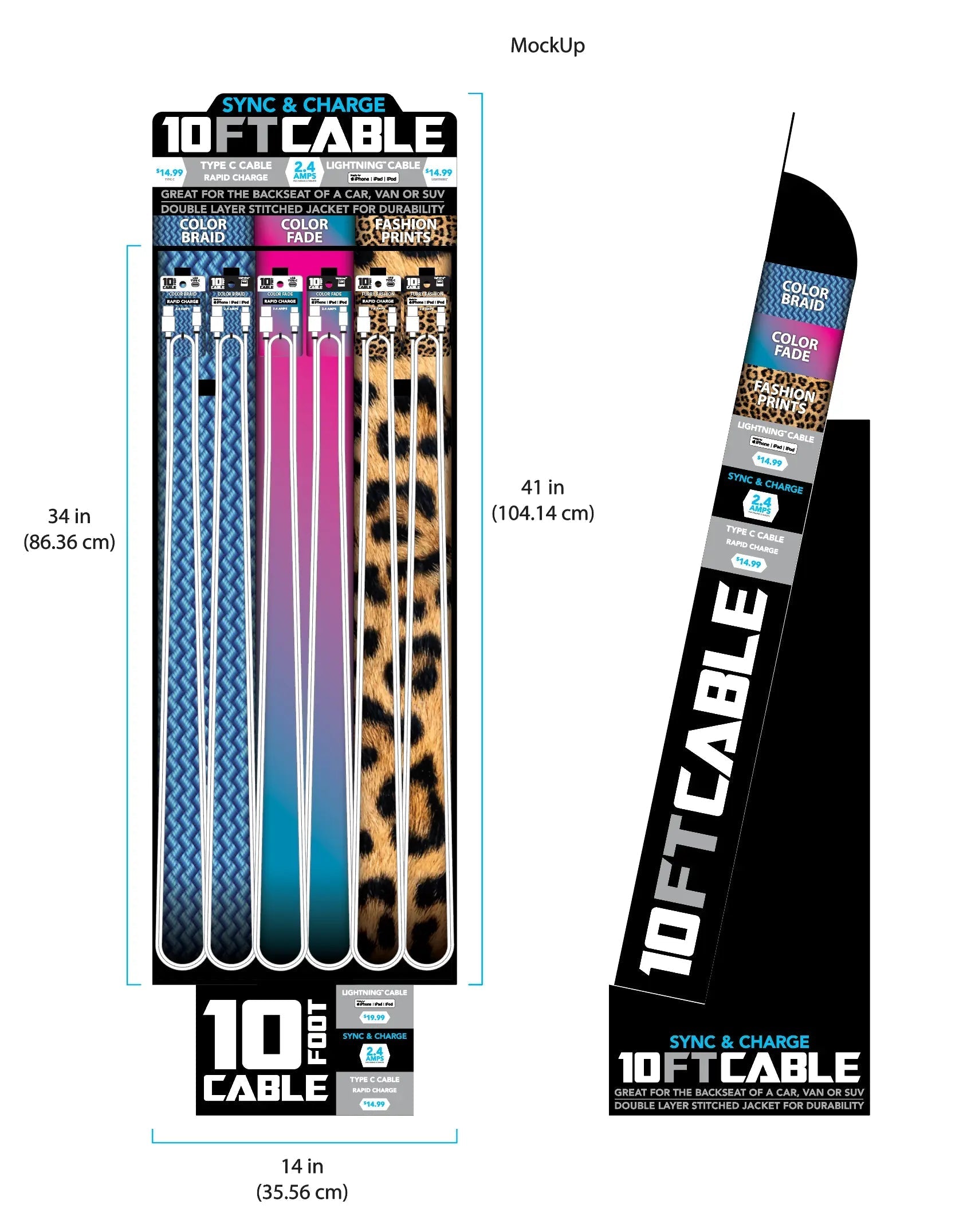10FT Braided Sync and Charge Cable Assortment Floor Display - 36 Pieces Per Retail Ready Display 88385 WHOLESALE