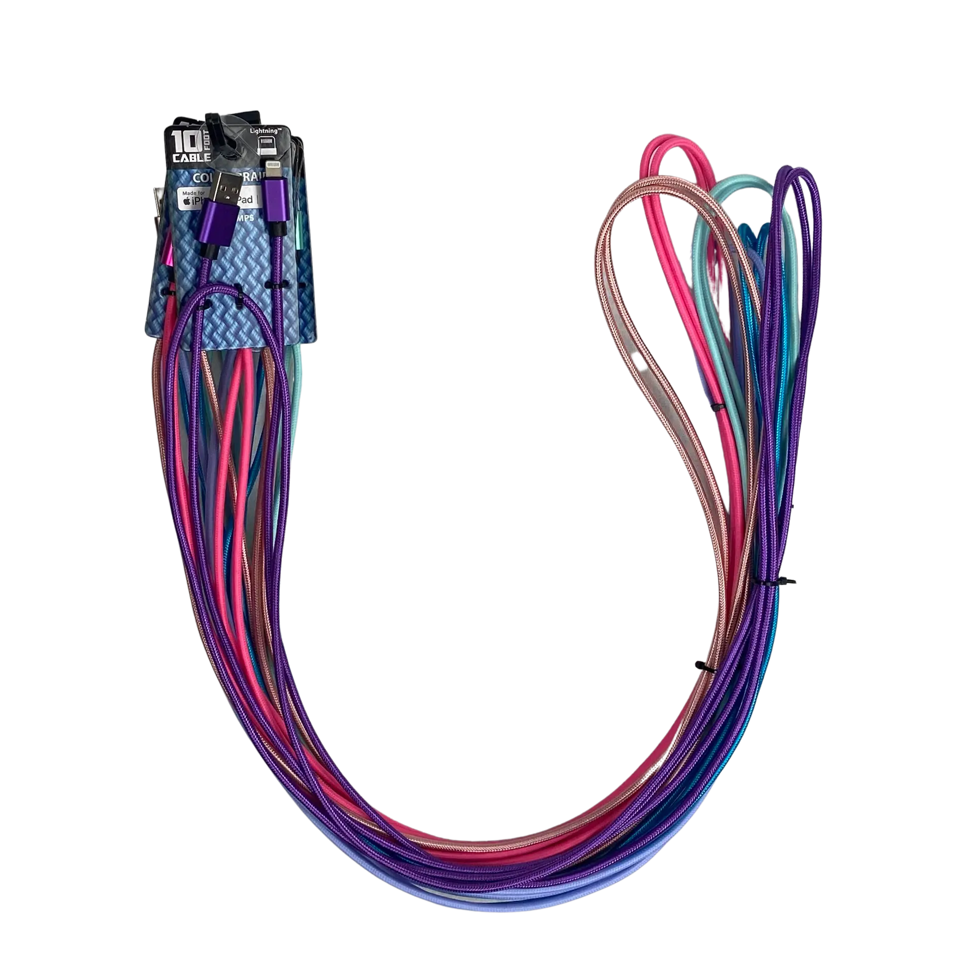 ITEM NUMBER 023070 10FT COLOR BRAID MFI CABLE - 6 PIECES PER PACK WHOLESALE