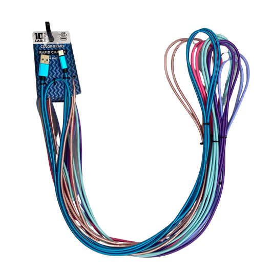 ITEM NUMBER 023071 10FT COLOR BRAID USB-C CABLE - 6 PIECES PER PACK WHOLESALE